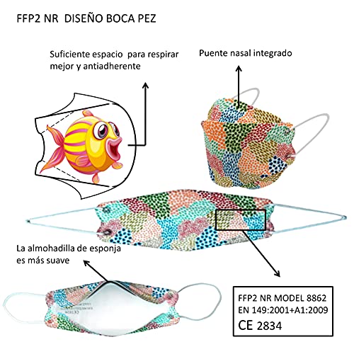 Cussi - 10x Mascarilla Protectora FFP2 NR Adulto 5 capas Colores Variados (forma de Pez) + Mask Case color aleatorio