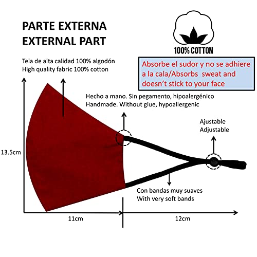 Cussi - Mascarilla de Tela Higiénica Reutilizable Homologada UNE 0065:20 y Certificada BFE 99%, Lavable hasta 20 ciclos-pack 2 mascarillas, estuche, filtros extra (ROJO OSCURO, NEGRO)