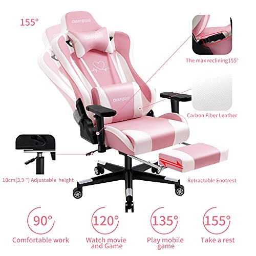 Darkecho Sillas Gaming Ergonómica Sillon de Oficina con reposapiés, Silla Gamer Ordenador 160kg, 2D Ajustables reposabrazos Almohada Lumbar Sillón Racing Esport, Cuero la PU Fibra de Carbono. Rosa