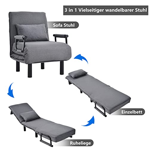 DDCHH Sofá Cama 3 en 1, Sillón Reclinable Individual, Sillón Plegable con Cojín Acolchado, Sofá Cama Convertible, Asiento Acolchado, Respaldo Regulable en 6 Posiciones, 60x66x88CM,Grey