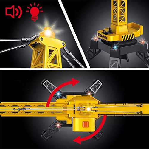 deAO RC Grúa Torre de Construcción 12 Canales de Radiocontrol 2.4GHz Modelo Die Cast Teledirigido Rotación Sin Límite, Luces y Sonidos, 122 cm de Altura