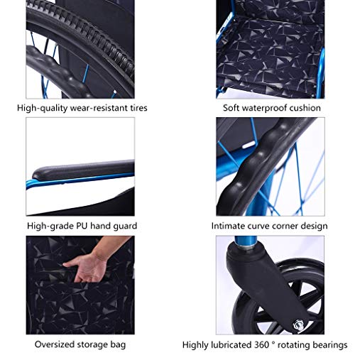 Deportes Silla de Ruedas Manual Plegable discapacitados Silla de Ruedas Ligera aleación de Aluminio Manual Deporte y Ocio Silla de Ruedas (Color : Blue)