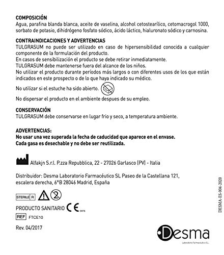 Desma | Apósito estéril cicatrizante Tulgrasum | Apósito para quemaduras y Heridas | No adhesivo | 10 Vendajes | 10 x10 cm