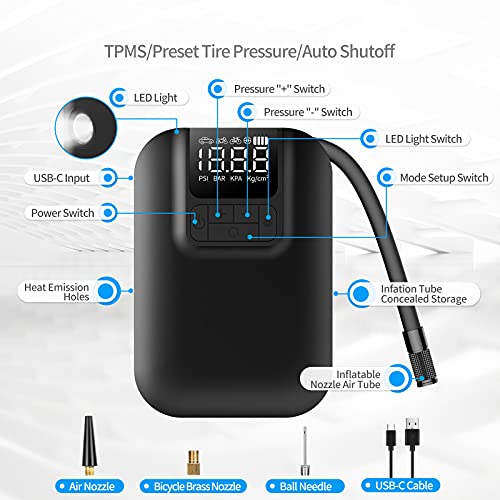 Deyooxi Compresor Aire Portatil,5000mAh Recargable Hinchador Electrico Inflador Ruedas Coche con Pantalla LCD Digital y Linterna LED,Bomba de Aire para Automóviles,Bicicletas,Motocicletas y Pelotas