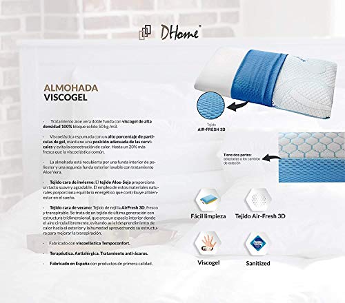 DHOME Almohada Almohadas de Viscogel 100% Fresh Gel visco viscoelastica Aloe Vera (135cm, 1 Unidad)