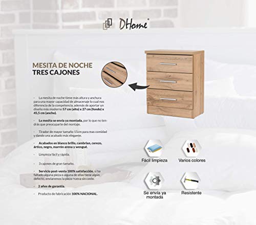 DHOME Mesita de Noche para Dormitorio 1, 2 o 3 cajones mesitas mesilla sinfonier sifonier 6 cajones Cama habitacion (Cambrian 3 Cajones, 2 Unidades)