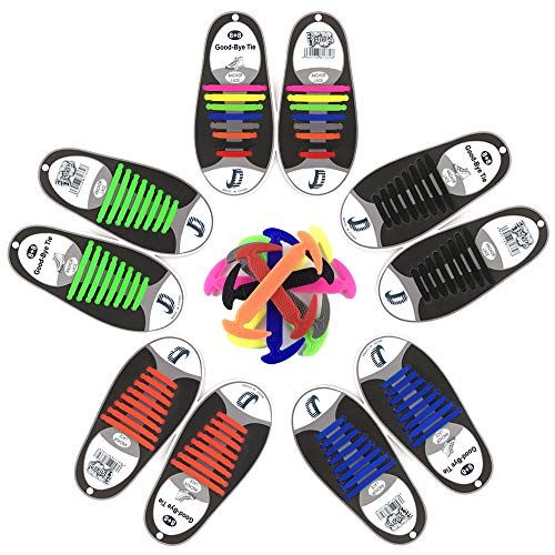 Dierlin Cordones de Silicona, No Hay Necesidad de Atar, sin corbata Cordones de zapatos para niños y adultos, Cordones Zapatos Elasticos (5 pack(azul + naranja + verde + multicolor + negro))