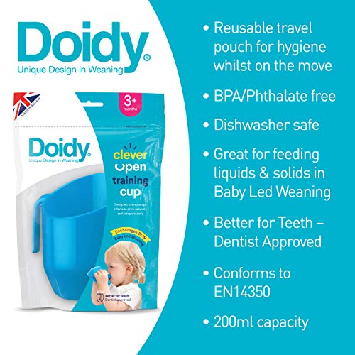 Doidy Cup Tacitas de aprendizaje abiertas para nenes y bebés – Diseño oblicuo único - Vaso para bebé de dos asas – Taza genial para el destete para leche, agua y zumos Uso desde 3-6 meses hasta niños (Azul)