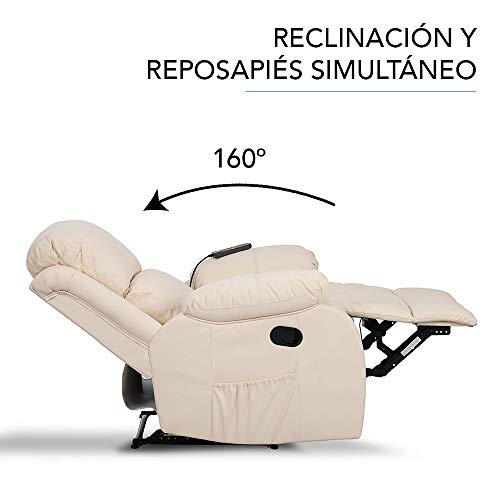 Don Descanso - Sillón Masaje Relax Calor Trevi Crema Reclinable 160º con 8 Motores Silenciosos, Calor Lumbar, Sist. Masaje 4 Zonas y Acabado en PU Anti-Cuarteo [Incluye Mando]. Ideal Gente Mayor