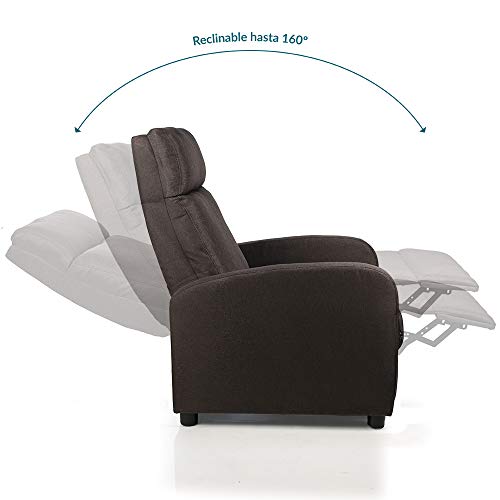 Don Descanso - Sillón Reclinable Tela Verona Chocolate, Sillón Relax con Reposapiés, Sistema de Apertura Push, Compacto, 2 Posiciones de Tumbada y Posición Cero, Butaca Salón Reclinable hasta 160º