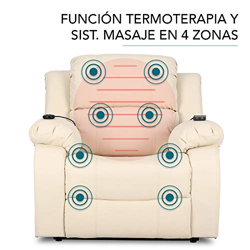 Don Descanso - Sillón Relax Eléctrico Levanta Personas Trevi Crema con Reclinación 160º, 10 Programas, Temporizador, Calor Lumbar, Sist. Masaje 4 Zonas y Acabado PU [Incluye Mando]. Ideal Gente Mayor