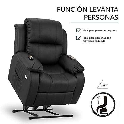 Don Descanso - Sillón Relax Eléctrico Levanta Personas Trevi Negro con Reclinación 160º, 10 Programas, Temporizador, Calor Lumbar, Sist. Masaje 4 Zonas y Acabado PU [Incluye Mando]. Ideal Gente Mayor