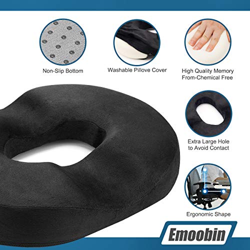 Donut Almohada Cojín para hemorroides Cojín de espuma viscoelástica para aliviar el dolor de la rabadilla para el embarazo, cóccix, úlceras de decúbito, espalda, ciática, 18 pulgadas, color negro