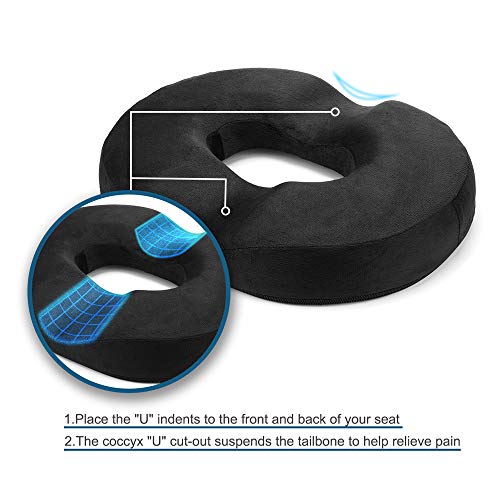 Donut Almohada Cojín para hemorroides Cojín de espuma viscoelástica para aliviar el dolor de la rabadilla para el embarazo, cóccix, úlceras de decúbito, espalda, ciática, 18 pulgadas, color negro