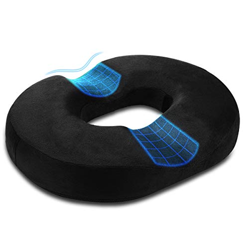 Donut Almohada Cojín para hemorroides Cojín de espuma viscoelástica para aliviar el dolor de la rabadilla para el embarazo, cóccix, úlceras de decúbito, espalda, ciática, 18 pulgadas, color negro