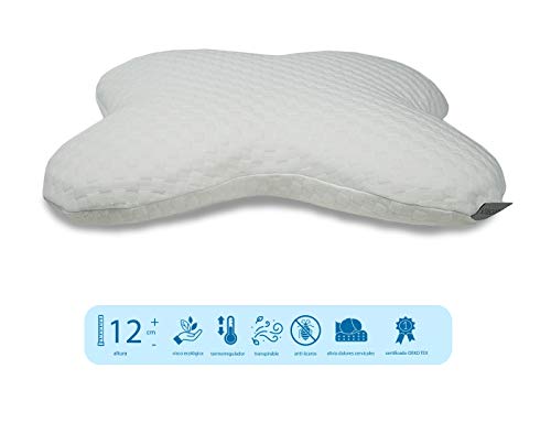 Duérmete Online - Almohada Cervical Mariposa Espuma Viscoelástica | Forma Anatómica y Ortopédica para Dormir de Lado | Protección antiácaros | Funda Termorreguladora, Blanco, 59 x 45 x 12 cm