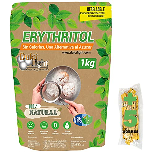 DULCILIGHT Eritritol 1 Kg 100% Natural Edulcorante Cero Calorías + (5 sobres Edulcorante Moreno) Apto Dietas Keto y Cetogénicas