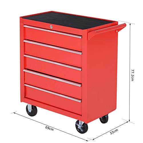 DURHAND Caja Taller Carro de Herramientas con Ruedas Cerradura tipo Mueble de Almacenamiento para Taller Garaje y Hogar Chapa de Acero 69x33x75cm Rojo