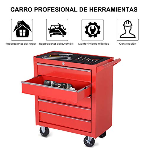 DURHAND Caja Taller Carro de Herramientas con Ruedas Cerradura tipo Mueble de Almacenamiento para Taller Garaje y Hogar Chapa de Acero 69x33x75cm Rojo