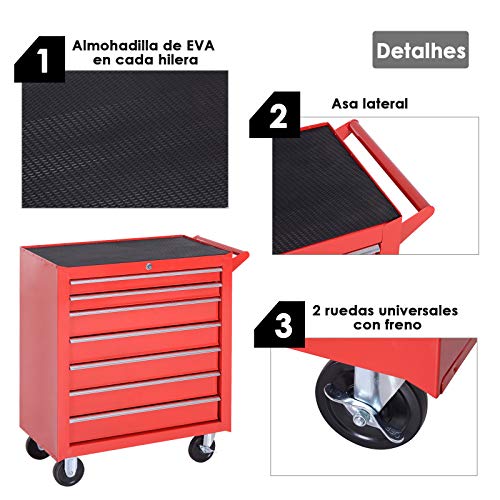 DURHAND Carro de Herramientas con 7 Cajones Caja Taller Cerradura tipo Mueble de Almacenamiento para Taller Garaje y Hogar Chapa de Acero Ruedas 69x33x75cm Rojo