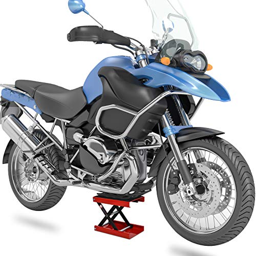 DURHAND Plataforma Elevadora de Tijera con Soporte para Motocicletas con Altura Ajustable Carga 500 kg 41,5x23,5x10-37 cm Negro y Rojo