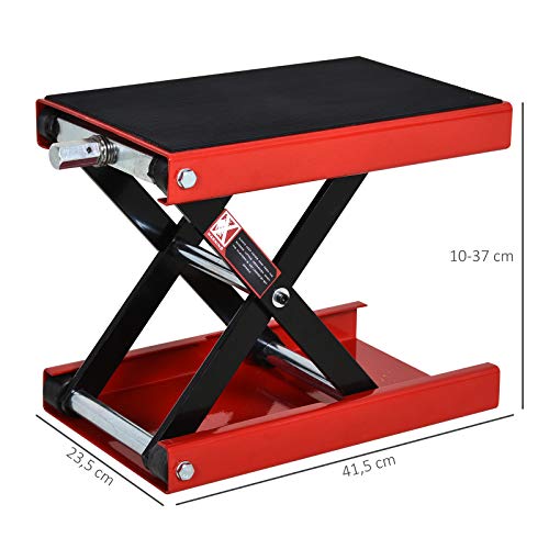 DURHAND Plataforma Elevadora de Tijera con Soporte para Motocicletas con Altura Ajustable Carga 500 kg 41,5x23,5x10-37 cm Negro y Rojo