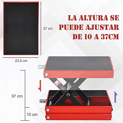 DURHAND Plataforma Elevadora de Tijera con Soporte para Motocicletas con Altura Ajustable Carga 500 kg 41,5x23,5x10-37 cm Negro y Rojo