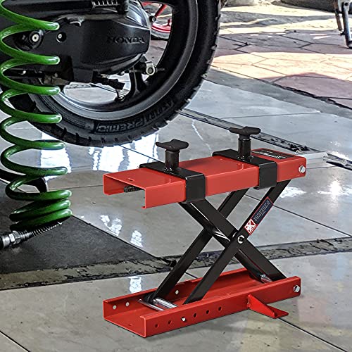 DURHAND Plataforma Elevadora para Motocicletas Carga Máxima 500 kg con Altura Ajustable de 19-53 cm Soporte de Moto para Aparcar o Reparar Taller Garaje Negro y Rojo