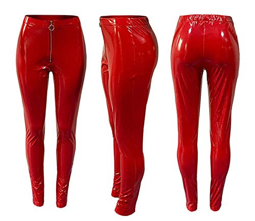 DYJXIGO Pantalones de mujer para el procesamiento de las señoras de alta Femme de piel brillante sexy escaro fino Butt Lift Alta Mujer Leggings Red-S