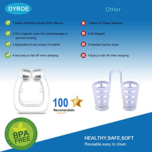 Dyroe Dilatador Nasal Anti Ronquidos 4 Pack [Versión 2021], Nose Clip Silicona con Imán Mejora la Respiración Nariz Clip para Ayudar a Dormir Mejor Antironquidos para el Ejercicio