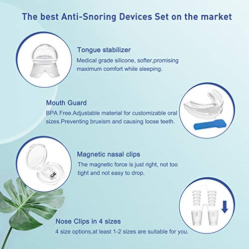 Dyroe Dispositivos Anti Ronquidos 4 in 1,8pcs Dilatador Nasal,2pcs Clips Nasales Magnéticos,Retenedor de lengua y Férula de dientes para Ayudar a Dormir Mejor,Dejar De Roncar