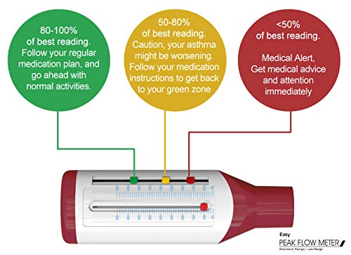 Easy Peak Flow Meter para que el niño controle la función pulmonar | Medidor de flujo espiratorio | Rango bajo para niños | Incluya instrucciones & indicadores codificados por colores