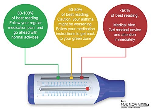 Easy Peak Flow Meter para que un adulto controle la función pulmonar | Medidor de flujo espiratorio | Gama estándar para adultos | Incluya instrucciones - indicadores codificados por colores