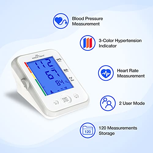 Easy@Home Tensiómetro de brazo digital-Monitor electrónico para medir la presión arterial en casa Con indicador de hipertensión en 3 colores Controlar pulso Pantalla LCD Modo para 2 Usuarios