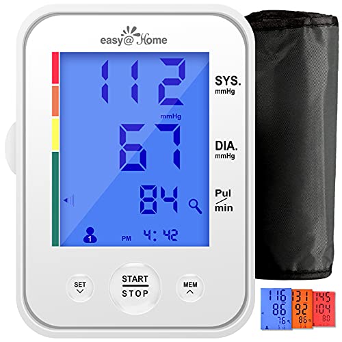 Easy@Home Tensiómetro de brazo digital-Monitor electrónico para medir la presión arterial en casa Con indicador de hipertensión en 3 colores Controlar pulso Pantalla LCD Modo para 2 Usuarios