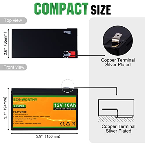 ECO-WORTHY 12V 10Ah Batería recargable de fosfato de litio y hierro LiFePO4 con más de 3000 veces de ciclo profundo y protección BMS para kit de panel solar, scooter, RV, marino, hogar, scooter