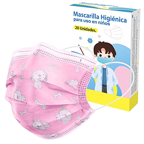 EDIESI, Mascarilla Infantil Higiénica, Homologada, Desechable, Dibujos, Rosa, Caja 20 Unidades, 3 Capas