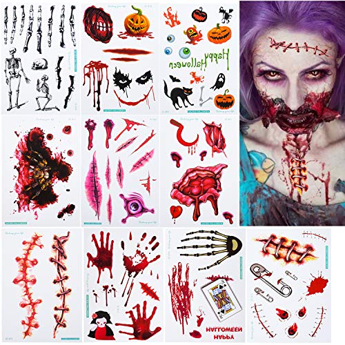 EKKONG Halloween Tatuajes, Zombie Cicatrices Tatuajes Pegatinas, Tatuajes Temporales para Halloween Cosplay Fiesta (10 Hojas)