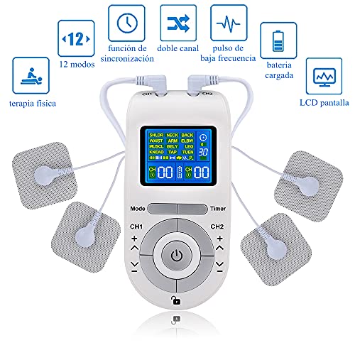 Electroestimulador Digital, [12 Modos, 40 Intensidad] Electroestimulador TENS con 2 Canales, 4 Electrodos Autoadhesivos, TENS & EMS Principio, para Relajar y Masajear Los Músculos (Blanco)