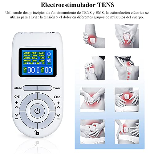 Electroestimulador Digital, [12 Modos, 40 Intensidad] Electroestimulador TENS con 2 Canales, 4 Electrodos Autoadhesivos, TENS & EMS Principio, para Relajar y Masajear Los Músculos (Blanco)