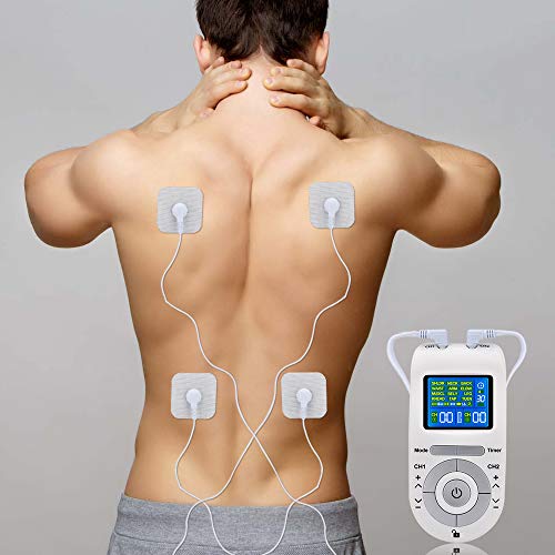 Electroestimulador Digital, [12 Modos, 40 Intensidad] Electroestimulador TENS con 2 Canales, 4 Electrodos Autoadhesivos, TENS & EMS Principio, para Relajar y Masajear Los Músculos (Blanco)