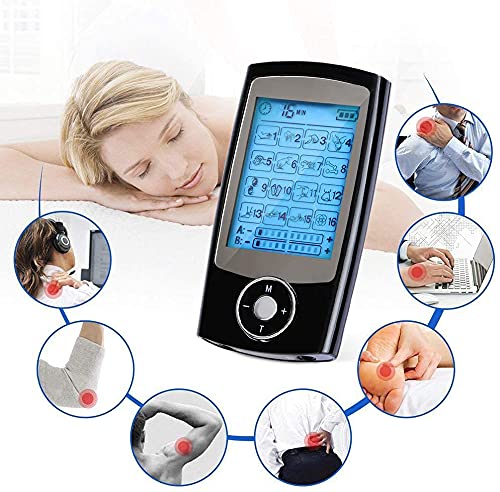 Electroestimulador digital,para aliviar el dolor muscular y el fortalecimiento muscular, masaje, EMS, TENS, pantalla LCD azul,8 electrodos autoadhesivos, 16 Programas de masaje