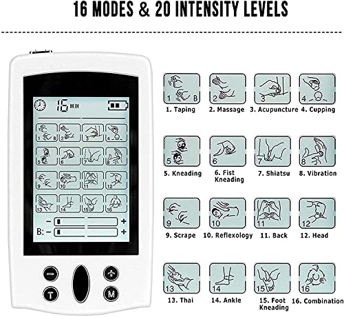 Electroestimulador Muscular de 16 Modos, con función TENS, EMS y Masaje, para aliviar el Dolor Muscular y Fortalecer los músculos, 2 Canales, 20 Niveles de Intensidad, 6 electrodos