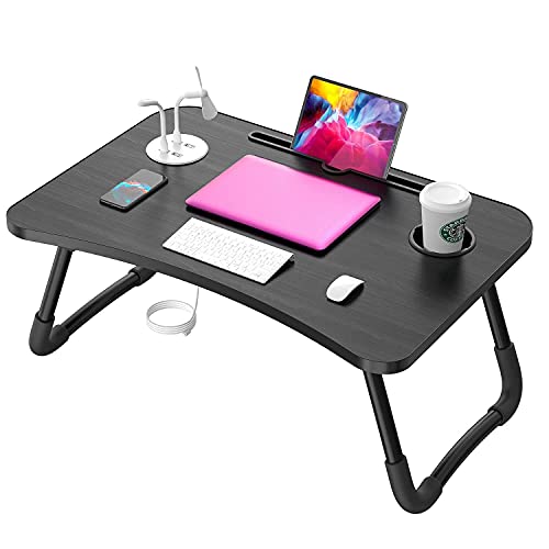 Elekin Mesa Plegable para portátil multifunción con Soporte USB y Taza para sofá pequeño Regalo (lámpara de Mesa pequeña, Ventilador pequeño)