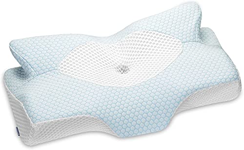 Elviros Almohada de Espuma con Memoria de Contorno Cervical para el Dolor de Cuello, Almohadas para Cuello (Azul, 64 x 12,5/10,5 x 42 cm)