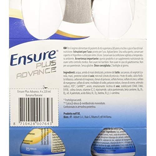 Ensure Bebida Suplemento Alimenticio "Plus Advance", sabor Plátano - 4 Botellas x 220 ml