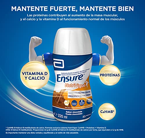 Ensure Nutrivigor - Complemento Alimenticio para Adultos, con HMB, Proteínas, Vitaminas y Minerales, como el Calcio - Sabor Chocolate - Pack de 8 Botellas x 220 ml