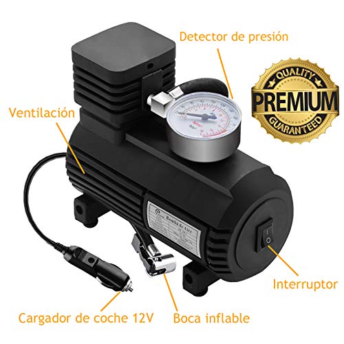 e!Orion Compresor de Aire Coche Portatil, Bomba Inflador 12V DC, Bomba de neumáticos para automóvil, Bicicleta, Motocicleta, Pelota, Colchón de Aire y Mucho mas