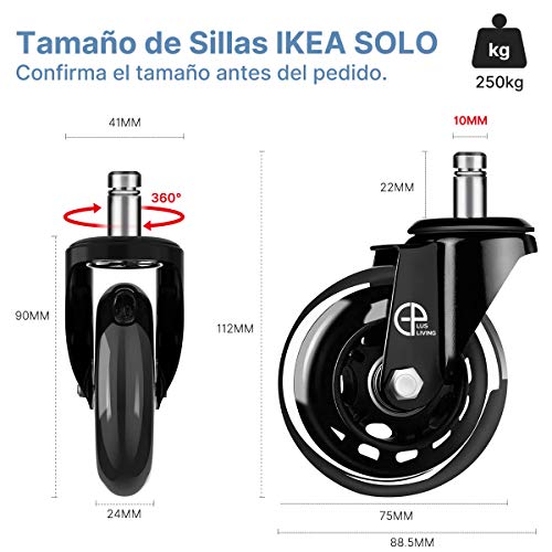 EPLUS LIVING Ruedas para Silla Oficina, 10x22 mm Silla IKEA Ruedas para Silla Oficina Silicona (5 Piezas), Ruedas para Muebles Oficina, Ruedas de Repuesto Silencioso y Seguro (75mm(3'') - MAX 250kg)