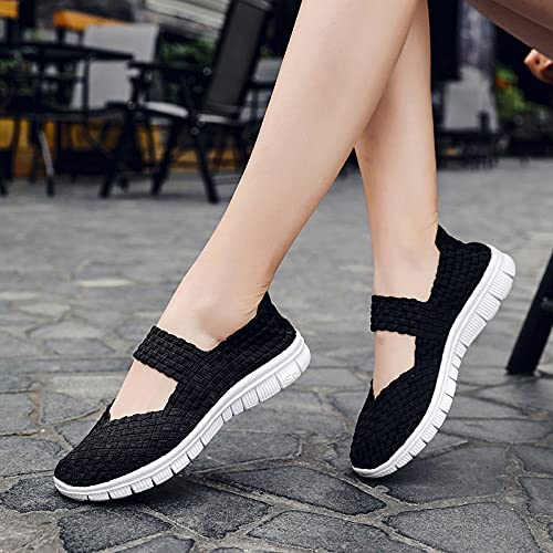 ERLINGO Zapatillas de senderismo para mujer tejidas ligeras y elásticas transpirables para caminar a la moda, cómodas zapatillas deportivas Mary Jane, color, talla 39 EU